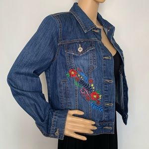 BAGATELLE Womens Blue Embroidered Pocketed Cuffed Sleeve Collared Denim Jacket